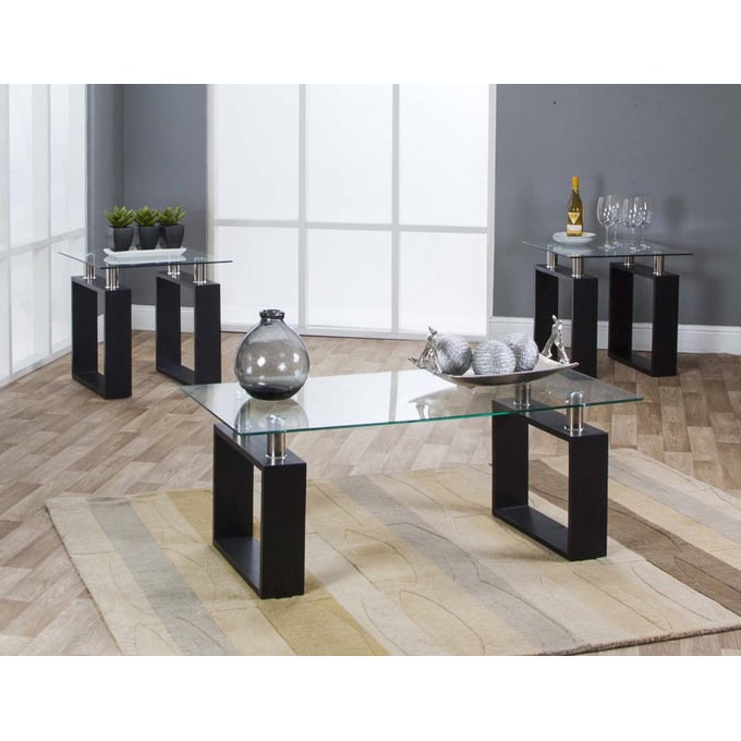 Cramco Bantam Black Wood Clear Glass 3pc Occasional Table Set CRM-92035-333