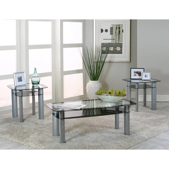 Cramco Valencia Black Glass Platinum Steel 3pc Occasional Table Set CRM-92780-323