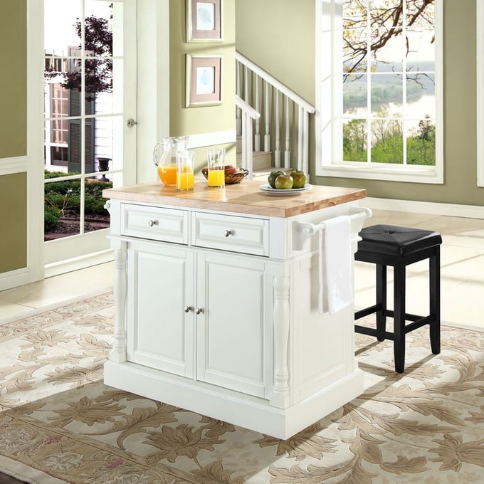 Crosley Oxford White 3pc Kitchen Island with Square Seat Stools