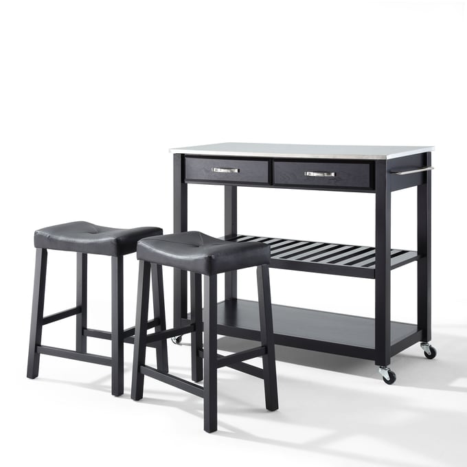 Crosley Black 3pc Kitchen Prep Cart with Upholstered Saddle Stools CRSL-KF300524BK