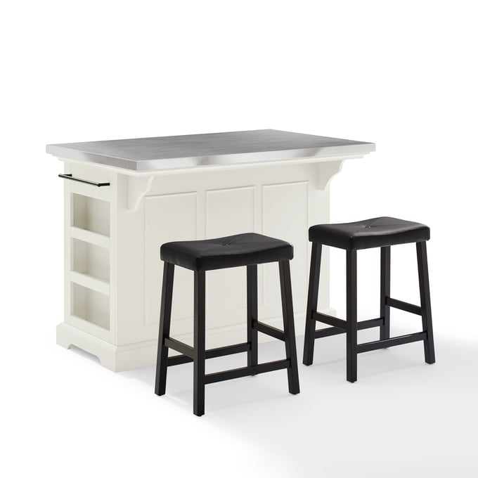 Crosley Julia Black White 3pc Island with Upholstered Saddle Stools CRSL-KF30062WH-BK