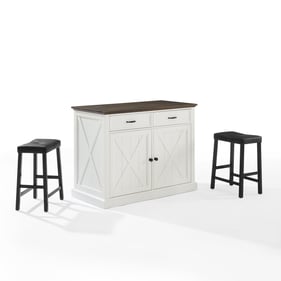 Crosley Clifton Distressed White Black 3pc Kitchen Island with Upholstered ...