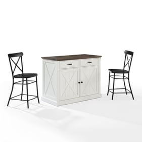 Crosley Clifton Distressed White Black 3pc Kitchen Island with Camille Stoo...