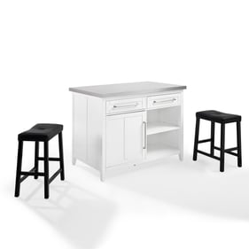 Crosley Silvia White Black 3pc Kitchen Island with Upholstered Saddle Stool...