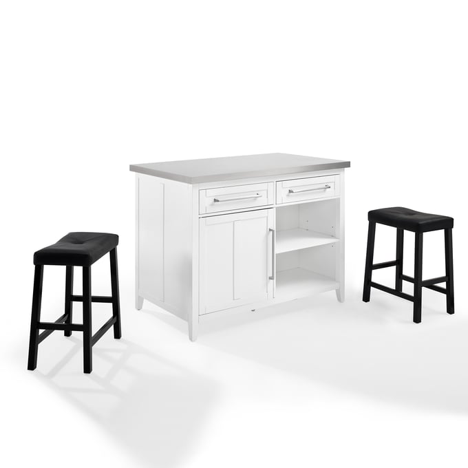 Crosley Silvia White Black 3pc Kitchen Island with Upholstered Saddle Stools CRSL-KF30082WH-BK