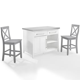 Crosley Silvia White Gray 3pc Kitchen Island with X Back Stools