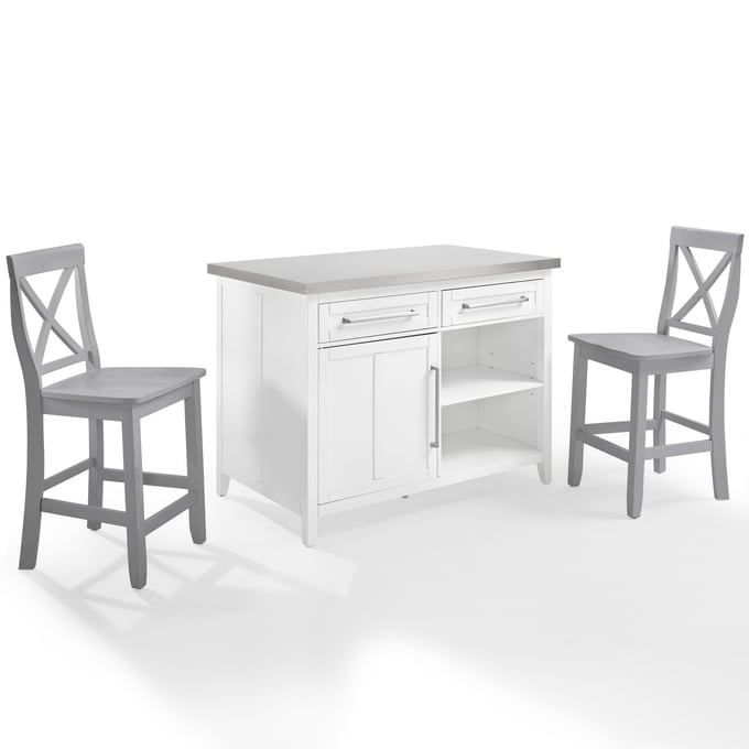 Crosley Silvia White Gray 3pc Kitchen Island with X Back Stools CRSL-KF30083WH-GY