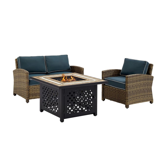 Crosley Bradenton Weathered Brown Navy 3pc Outdoor Set with Tucson Fire Table CRSL-KO70161-NV