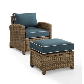 Crosley Bradenton Weathered Brown Navy 2pc Outdoor Armchair with Ottoman Se...