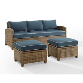 Crosley Bradenton Weathered Brown Navy 3pc Outdoor Patio Set with Ottoman