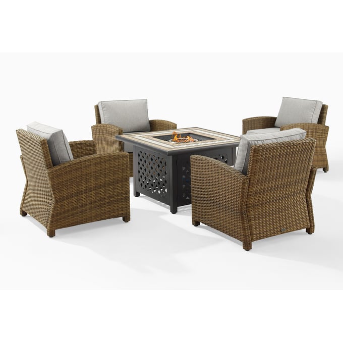 Crosley Bradenton Weathered Brown Wicker Gray 5pc Arm Chair Outdoor Conversation Set with Fire Table CRSL-KO70207WB-GY