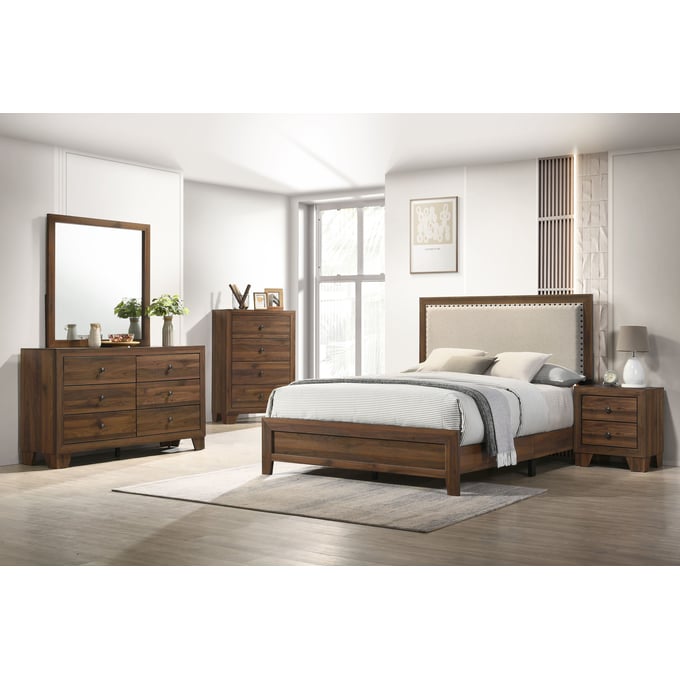 Crown Mark Millie Brown Cherry 5pc Bedroom Set With Queen Upholstery Bed CRW-B9255-Q-BED-S3