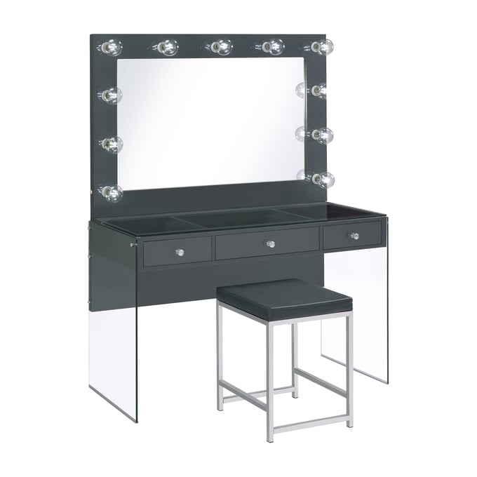 Coaster Furniture Afshan High Gloss Grey Clear Vanity with Stool CST-93592-VNT-S1