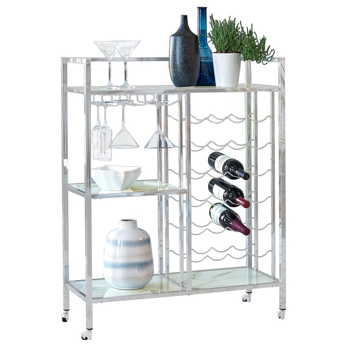 Coaster Furniture Derion Chrome Glass Shelf Serving Cart with Casters CST-181370