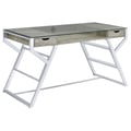 Emelle 2-drawer Glass Top Writing Desk Grey Driftwood and Chrome