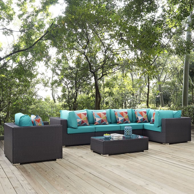 Modway Furniture Convene Espresso Turquoise 7pc Outdoor Sectional Set EEI-2350-EXP-TRQ-SET