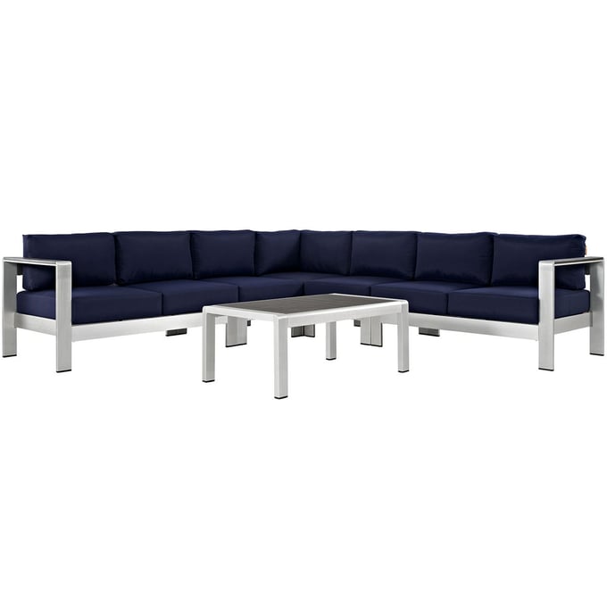 Modway Furniture Shore Silver Navy 6pc Outdoor Patio Sectional EEI-2561-SLV-NAV