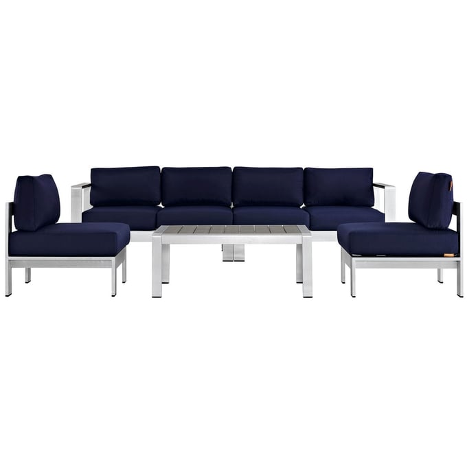 Modway Furniture Shore Silver Navy 5pc Outdoor Sofa Set EEI-2564-SLV-NAV