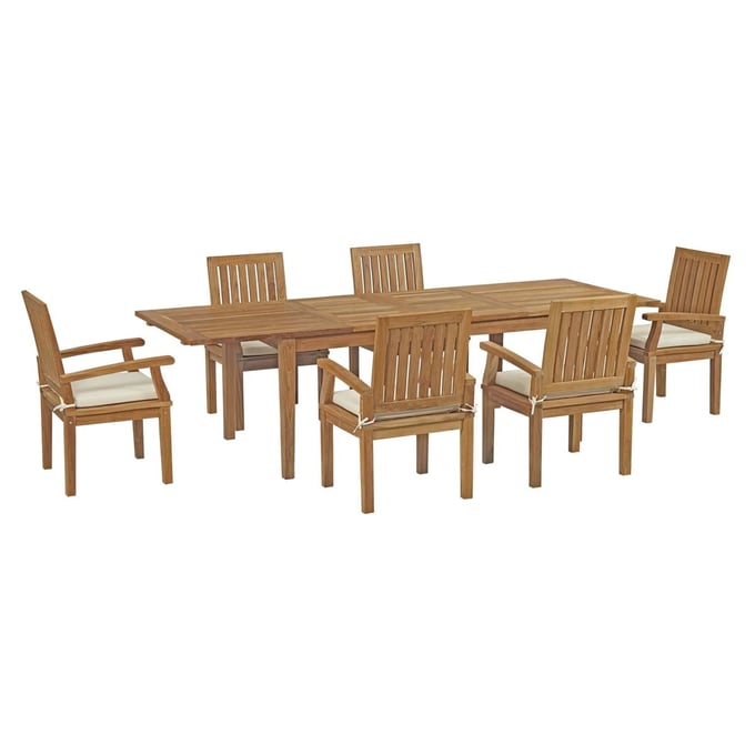 Modway Furniture Marina White Fabric 7pc Outdoor Patio Teak Dining Set EEI-3279-NAT-WHI-SET