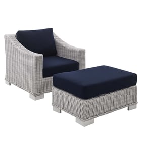 Modway Furniture Conway Light Gray Navy Outdoor 2pc Armchair and Ottoman Se...