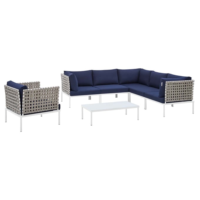 Modway Furniture Harmony Tan Navy 7pc Outdoor Patio Sectional Sofa Set EEI-4935-TAN-NAV-SET