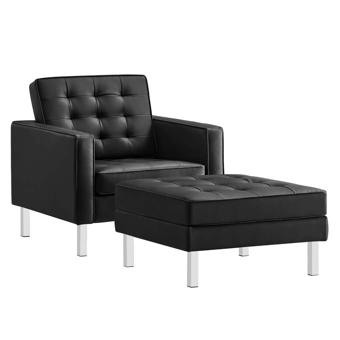 Modway Furniture Loft Silver Black Leather Armchair And Ottoman Set EEI-6409-SLV-BLK-SET