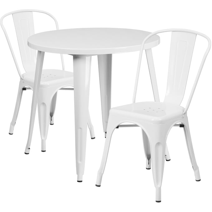 Flash Furniture White Metal Indoor Outdoor Table Set with 2 Cafe Chairs FLF-CH-51090TH-2-18CAFE-WH-GG