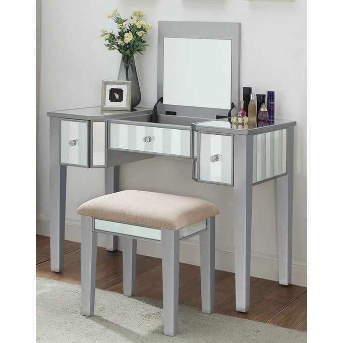 Furniture of America Joyce Silver Vanity with Stool FOA-CM-DK6385SV-UPS3