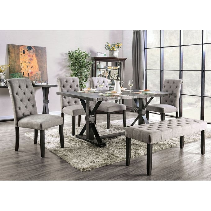 Furniture Of America Alfred Antique Black Light Gray 6pc Dining Room Set with Bench FOA-CM3735T-LG-6PC-BN