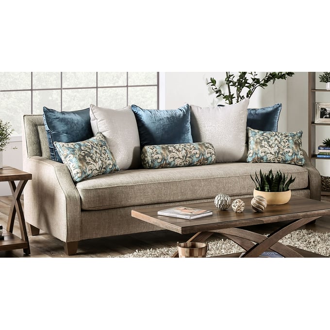 Furniture of America Catarina Beige Teal Sofa FOA-SM2287-SF