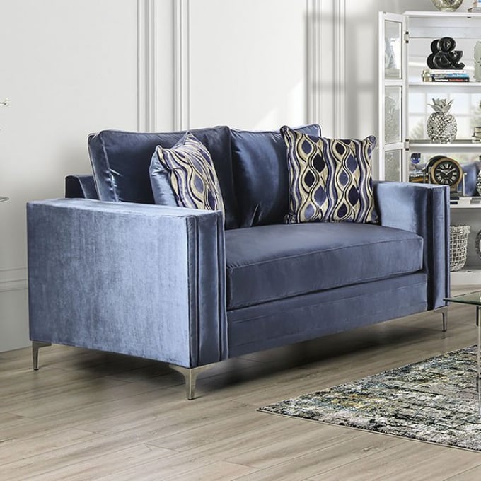 Furniture of America Jodie Satin Blue Silver Loveseat FOA-SM2687-LV