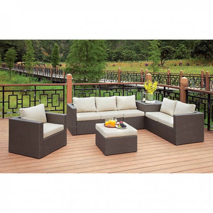 Furniture Of America Davina Brown Beige Patio Sectional With Ottoman FOA-CM-OS1818-SET