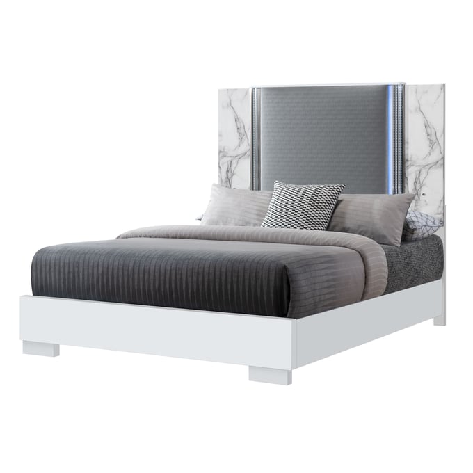 Global Furniture Ylime Light Grey White Queen Bed with LED GL-YLIME-WHITE-MARBLE-QB-W-LED