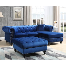 Glory Furniture Nola Navy Blue Velvet Reversible Sectional With Ottoman