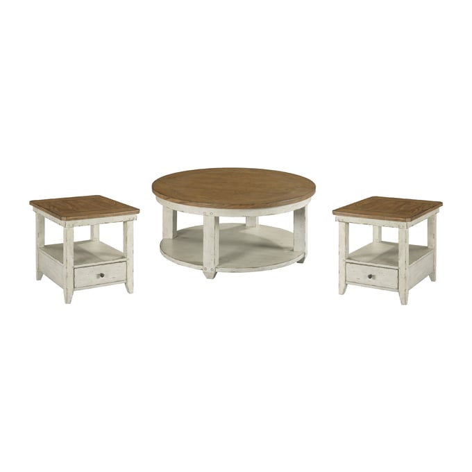 Hammary Chambers Medium Brown Rustic White Round 3pc Coffee Table Set HAM-988-91-OCT-S2