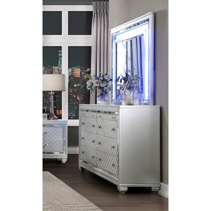 Home Elegance Leesa Gray Metallic Silver Dresser And Mirror HE-1430-5-DRMR