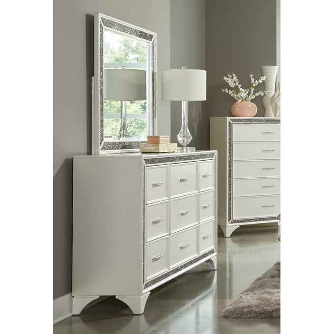 Home Elegance Salon White Gold Silver Dresser And Mirror HE-1572W-5-DRMR