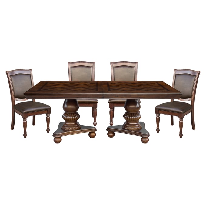 Home Elegance Lordsburg Brown Cherry Faux Leather 5pc Dining Room Set HE-5473-103-5