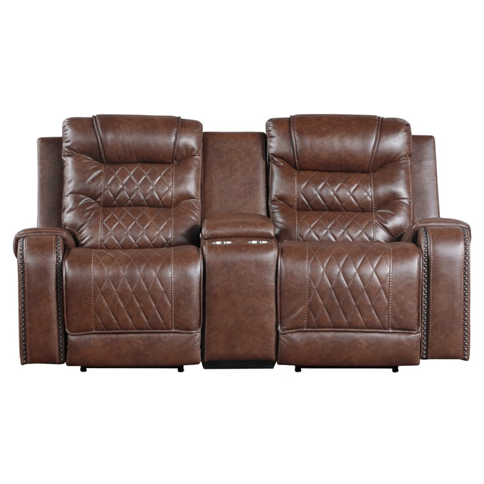 Home Elegance Putnam Brown Power Double Reclining Console Loveseat HE-9405BR-2PW