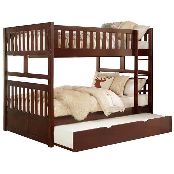 Home Elegance Rowe Dark Cherry Wood Full Over Full Bunk Bed With Trundle HE-B2013FFDC-1-B2013DC-R