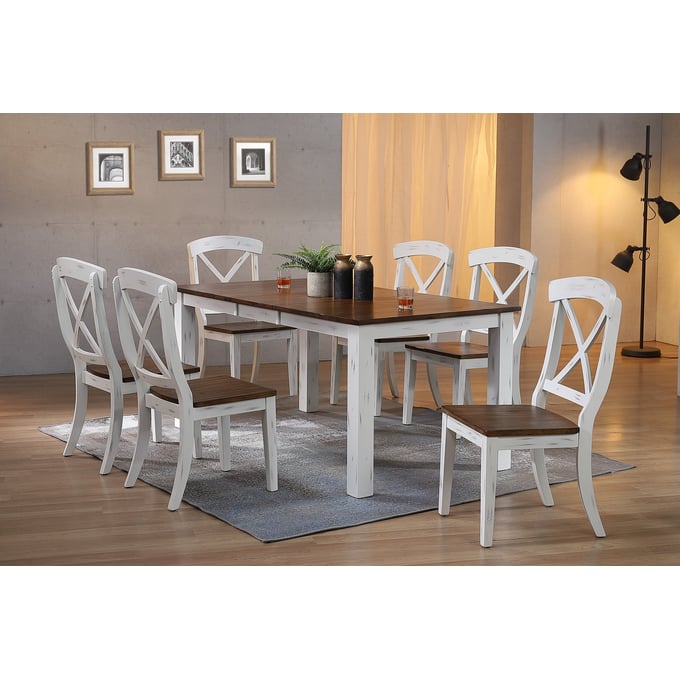 Iconic Furniture Distressed Cocoa Brown White Transitional 7pc Dining Set ICON-RT67TFLGPACH60DBNDWT-7PC