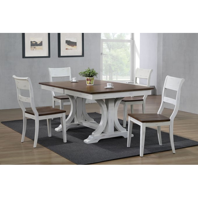 Iconic Furniture Distressed Cocoa Brown White Double Pedestal 5pc Dining Set ICON-RT82DECOCH61DBNDWT-5PC