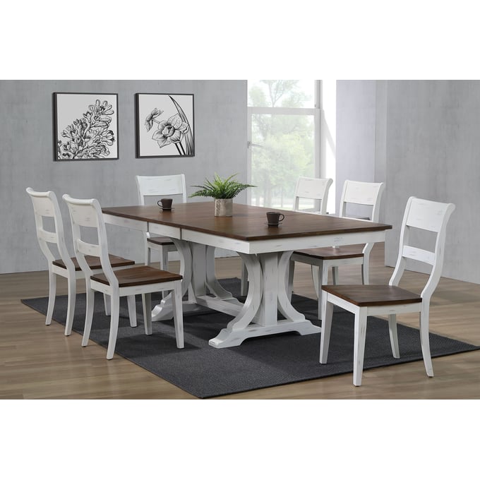 Iconic Furniture Distressed Cocoa Brown White Double Pedestal 7pc Dining Set ICON-RT82DECOCH61DBNDWT-7PC