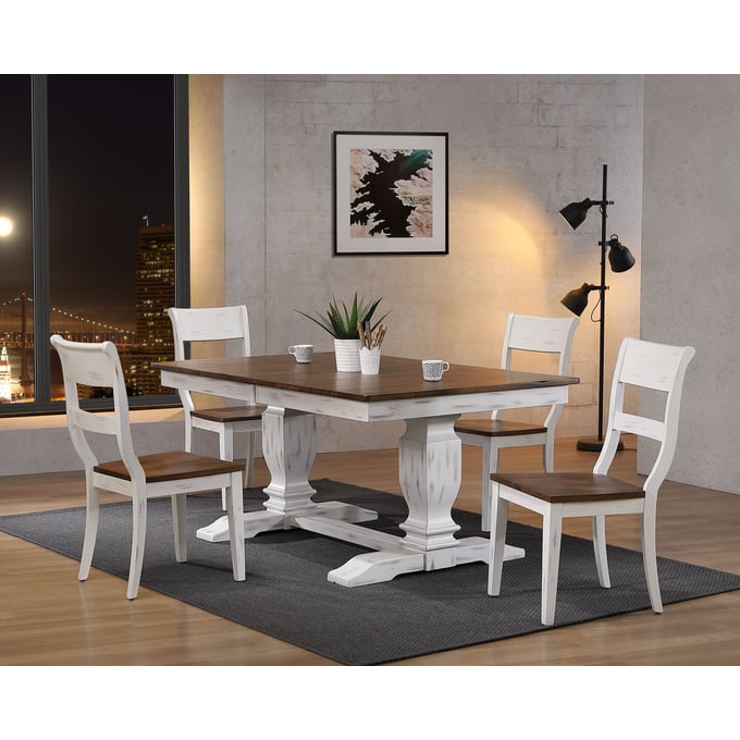 Iconic Furniture Distressed Cocoa Brown White Pedestal 5pc Dining Set ICON-RT82TRCH61DBNDWT-5PC