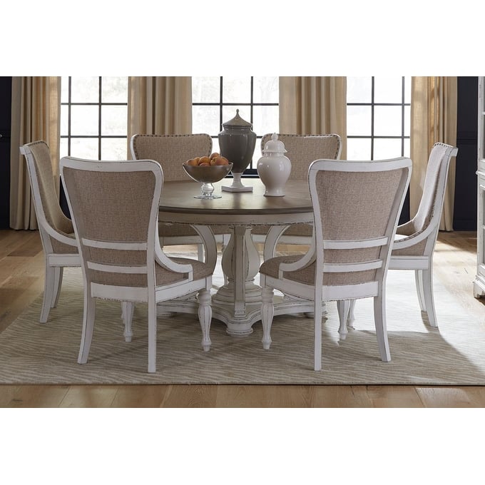 Liberty Magnolia Manor Antique White Weathered Bark 7pc Round Pedestal Dining Room Set LBRT-244-DR-7RPS