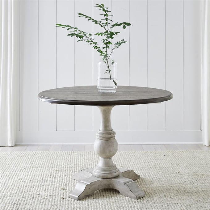 Liberty Cottage Lane White Gray Drop Leaf Single Pedestal Dining Table LBRT-350-4242-DT