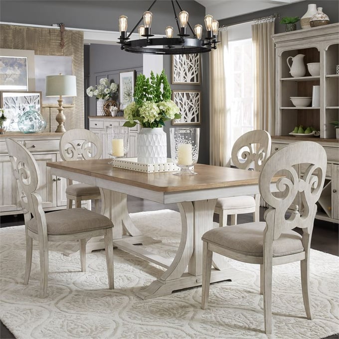 Liberty Farmhouse Reimagined White Chestnut 5pc Trestle Dining Room Set LBRT-652-DR-5TRS