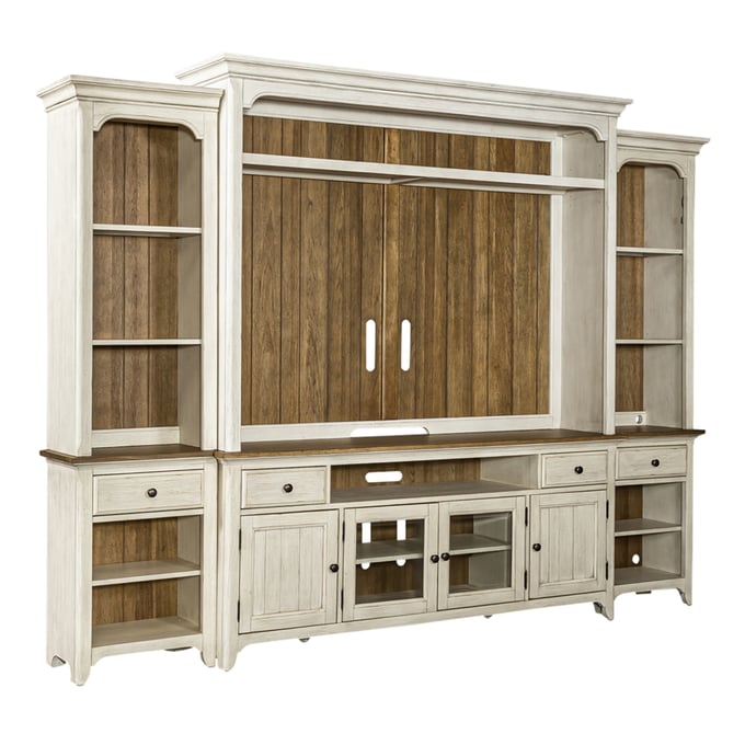 Liberty Farmhouse Reimagined Antique White Chestnut Entertainment Center with Piers LBRT-652-ENT-ECP