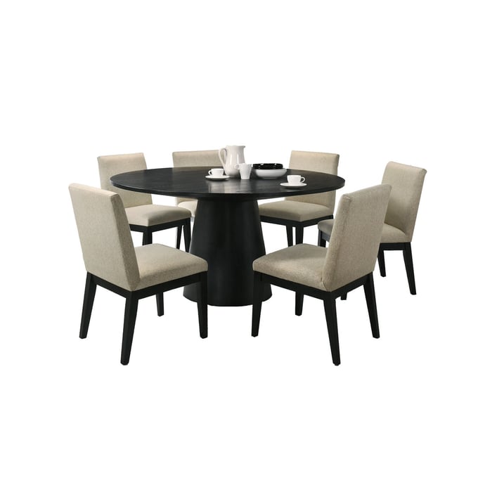 Lilola Home Jasper Ebony Black Beige 7pc Round Dining Table Set LILO-30016-4