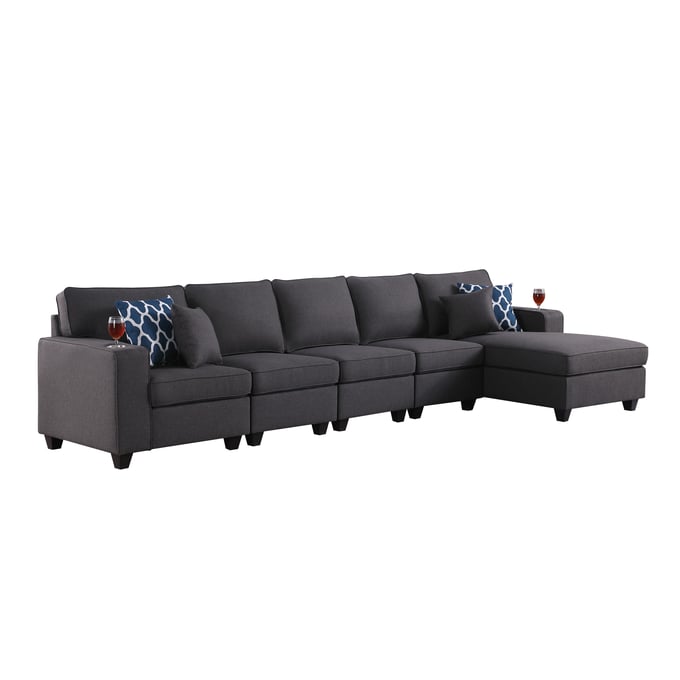 Lilola Home Cooper Dark Gray 5pc Sectional Sofa Chaise with Cupholder LILO-89132-9